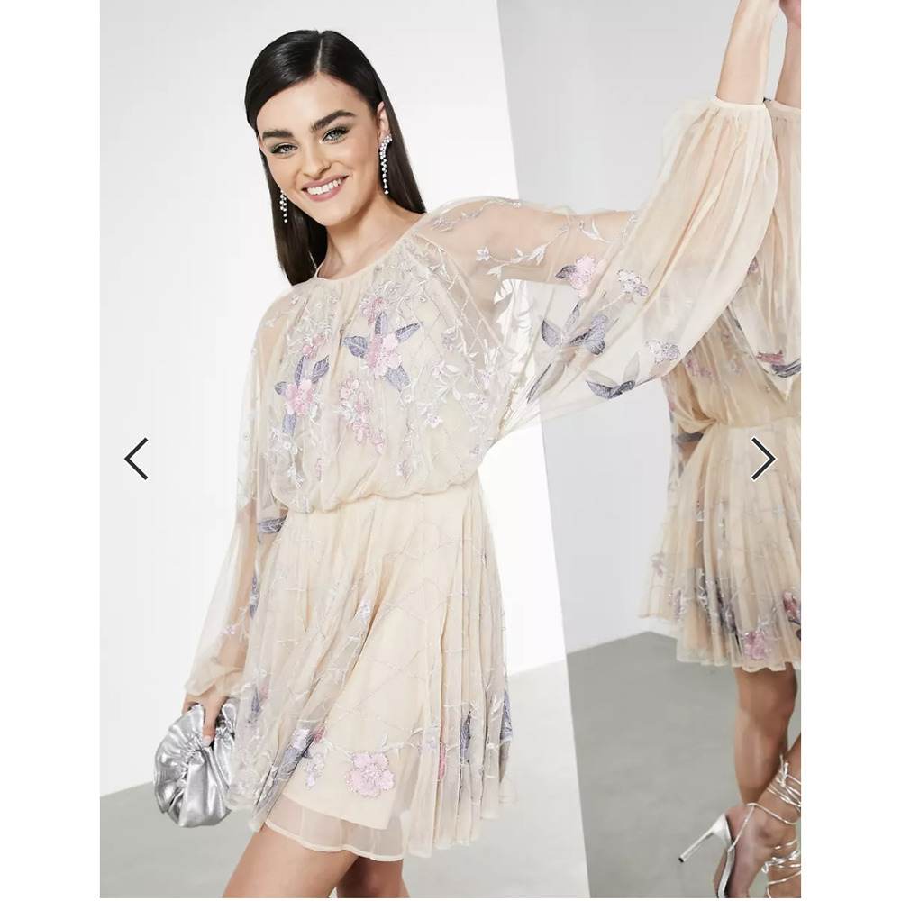 ASOS Cream Floral Embroidered Sheer Long-Sleeve Mini Dress